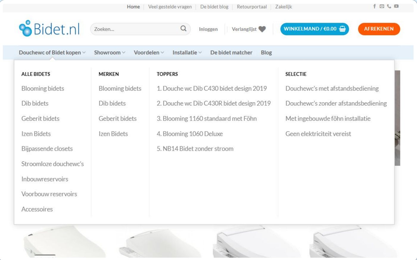 Bidet.nl menu in 2022