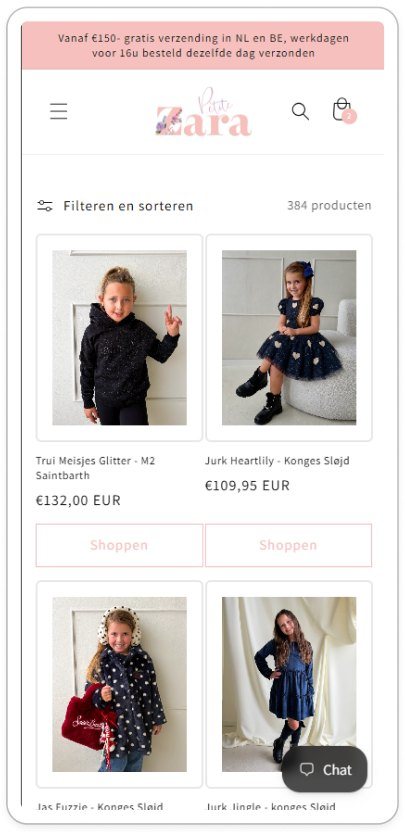 Petite Zara collectiepagina voor de aanpassingen
