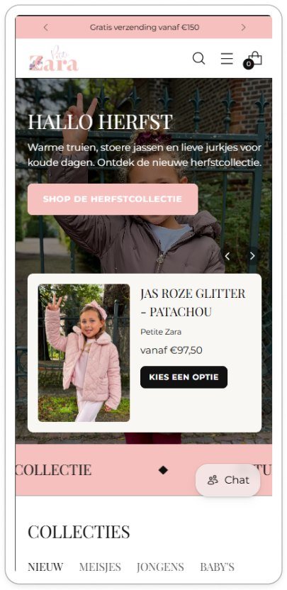 Petite Zara homepage in het nieuwe thema