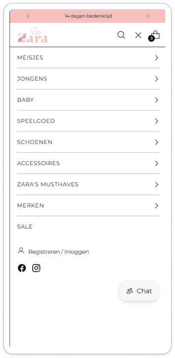 Petite Zara menu in het nieuwe thema