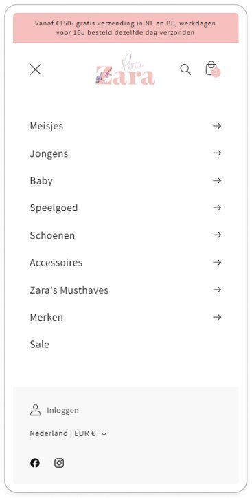 Petite Zara menu voor de aanpassingen