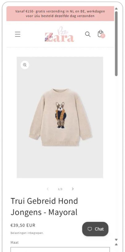 Petite Zara productpagina voor de aanpassingen