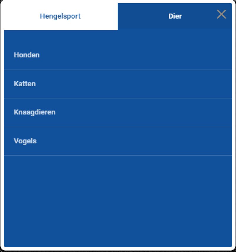 Schuurman mobiel menu na de wijziging met tabs Hengelsport en Dier