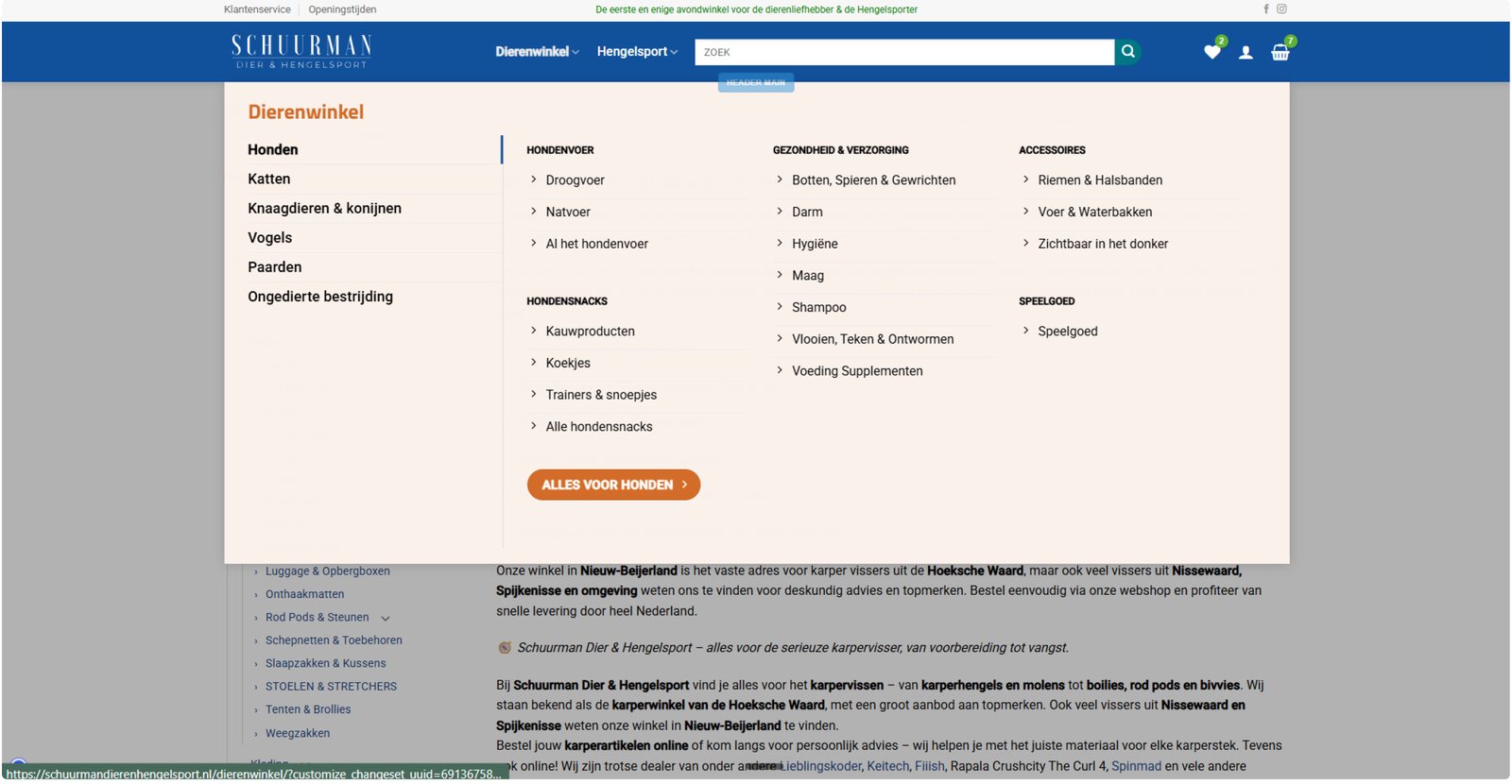 Schuurman desktopmenu na de wijziging: dierenwinkel met drie niveaus