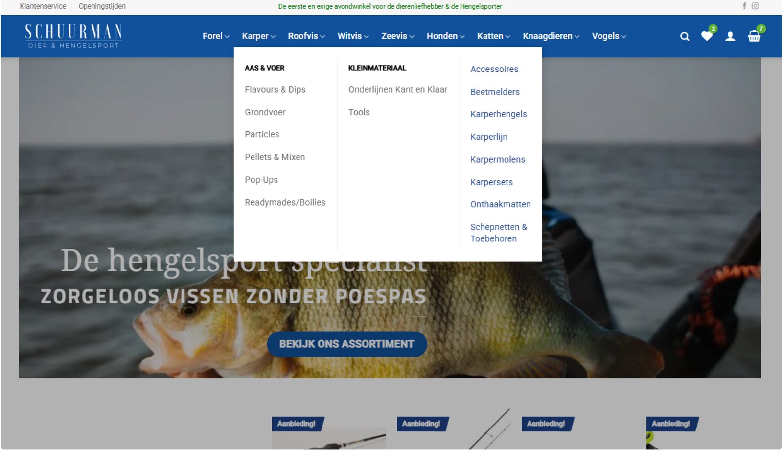 Schuurman desktopmenu vóór de wijziging: alleen hengelsportcategorieën zichtbaar