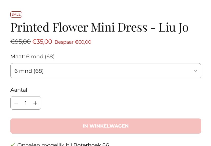 Productpagina van een jurk met de oude prijs 95 euro doorgestreept, de nieuwe prijs 35 euro in rood en ernaast de tekst Bespaar 60 euro