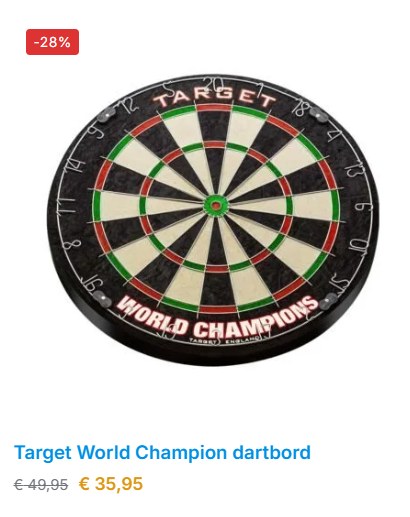Productkaart van een dartbord met een rood kortingslabel van 28 procent, een doorgestreepte oude prijs van 49,95 euro en een nieuwe prijs van 35,95 euro