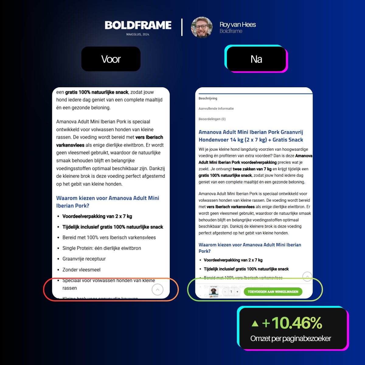 Schuurman productpagina op mobiel voor en na: sticky add-to-cart-balk onderaan
