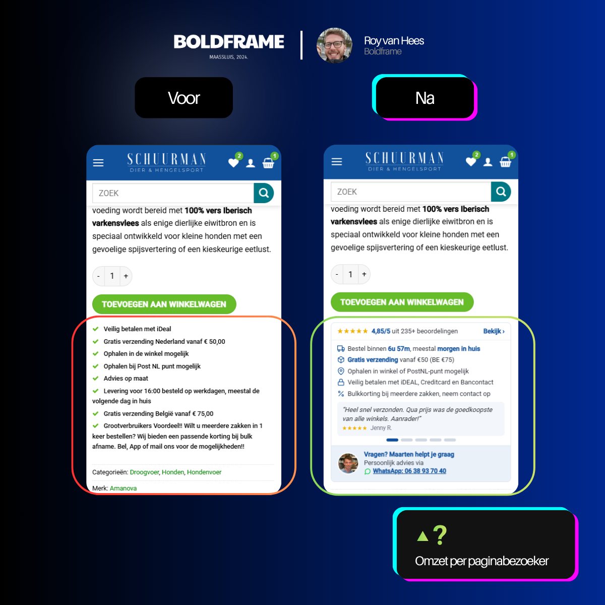 Schuurman productpagina op mobiel voor en na: compacte trust-sectie met reviews en persoonlijk advies
